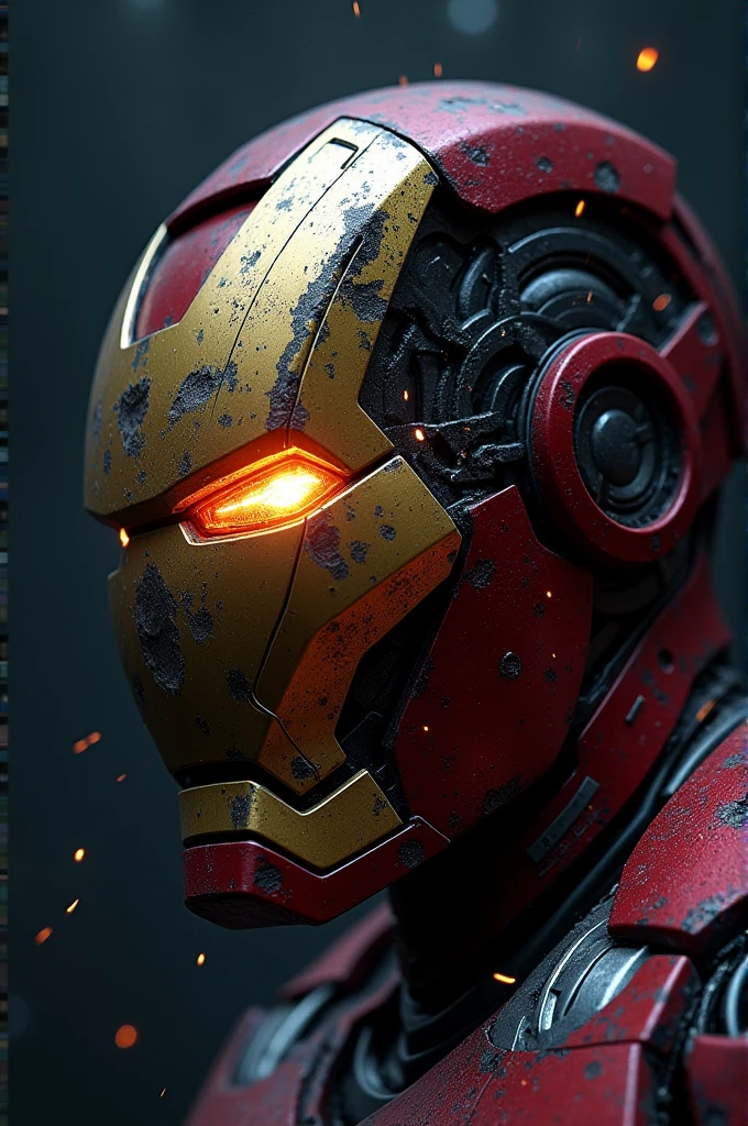 Iron man wallpaper 
half damaged halmet, spark from reactor, darkish background, medim lighting, 