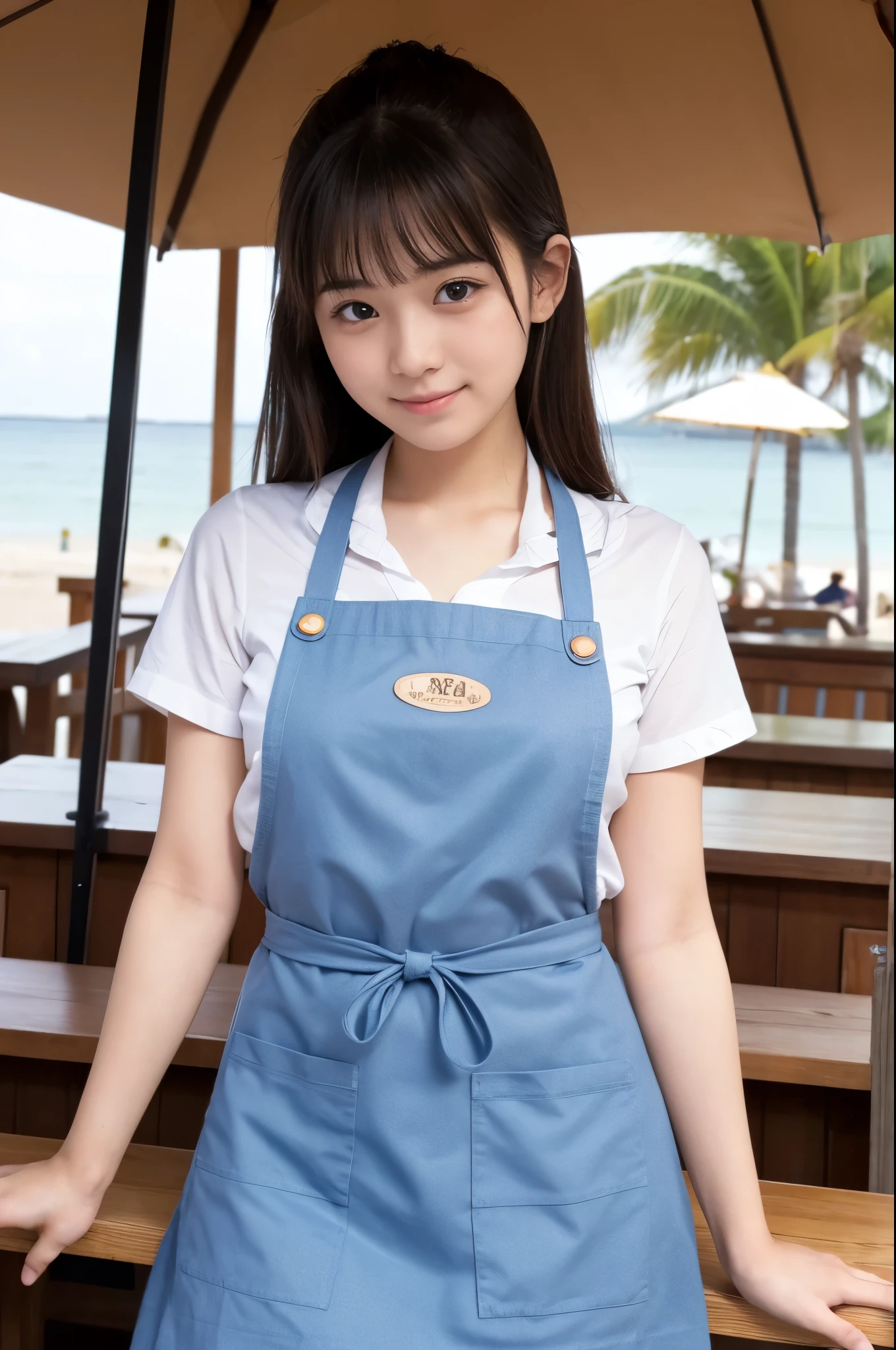 A girl (twenty years old, Japanese cute face) are wearing apron, mini skirt at the beach bar