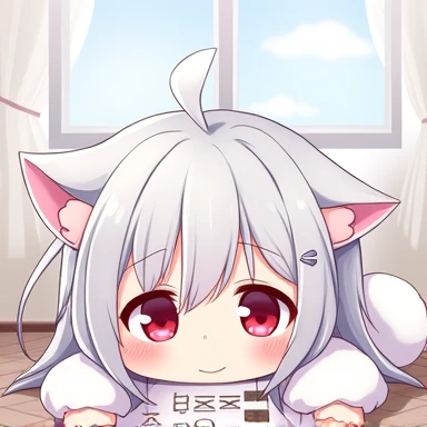 One Woman,Gray Hair,Cat ear,((Chibi Character)) ,Red eyes,White kimono,Sleeping on the floor,Tired face,Feeling exhausted,Please enter text in the bottom right corner of the fantasy image,A very popular font,