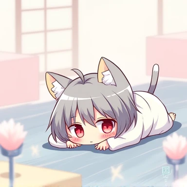 One Woman,Gray Hair,Cat ear,((Chibi Character)) ,Red eyes,White kimono,Sleeping on the floor,Tired face,Feeling exhausted,Please enter text in the bottom right corner of the fantasy image,A very popular font,