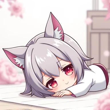 One Woman,Gray Hair,Cat ear,((Chibi Character)) ,Red eyes,White kimono,Sleeping on the floor,Tired face,Feeling exhausted,Please enter text in the bottom right corner of the fantasy image,A very popular font,