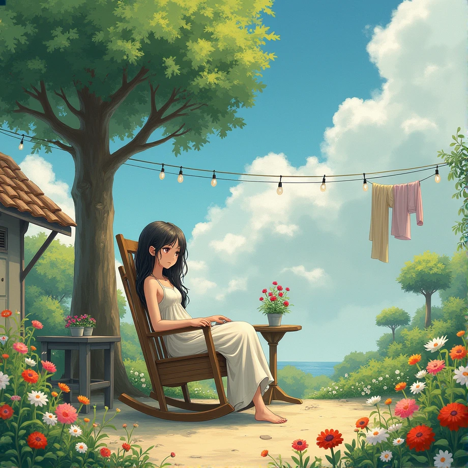 anime a poor girl is lying on bed like rocking chair in open area , she thinks something ,long hairs ,wears long dress clothes hangs on wire, everyhere color full flowers, mini plants,two tables, tree, old tradtional style cover body of girl