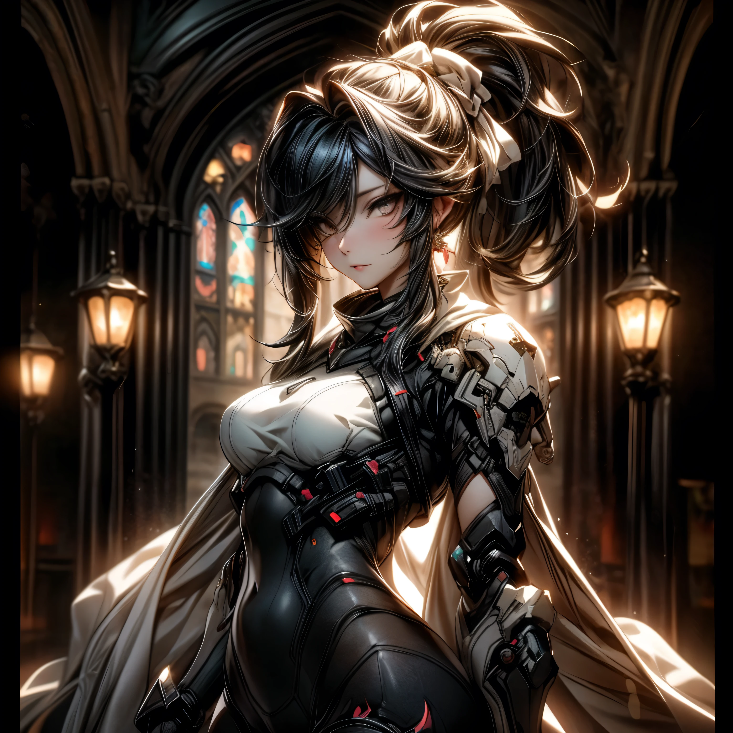 (best quality)), ((Masterpiece)), (details:1.4), 3d, HDR (high dynamic range), an image of a beautiful cyberpunk female, fantasy, Hips up, Black hair, High ponytail, beautiful white eyes, จมูกโด่ง, ปากแดง, หน้าอกใหญ่, nvidia RTX, PBR surface, After processing, Anisotropic filtration,depth of field, Maximum clarity and clarity, multi-layered surface, Subsurface scattering, perfect proportions, 8K raw files, ultra detailed, Perfect proportions, volumetric lighting, soft lighting, Holy Paladin, Heavy black Armor, glossy skin, chapel background, jewely, ต่างหู, นิ้วมือสมบูรณ์,