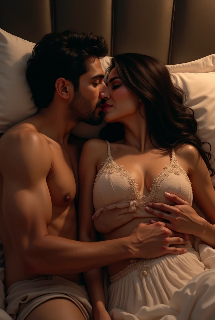 two on bed, realistic Indian wife and husband, man and woman, man's sucking boobs, man's sucking boobs, man's sucking boobs, man's sucking boobs, man grabbing breast, wife in bed, in honeymoon, erotic pose