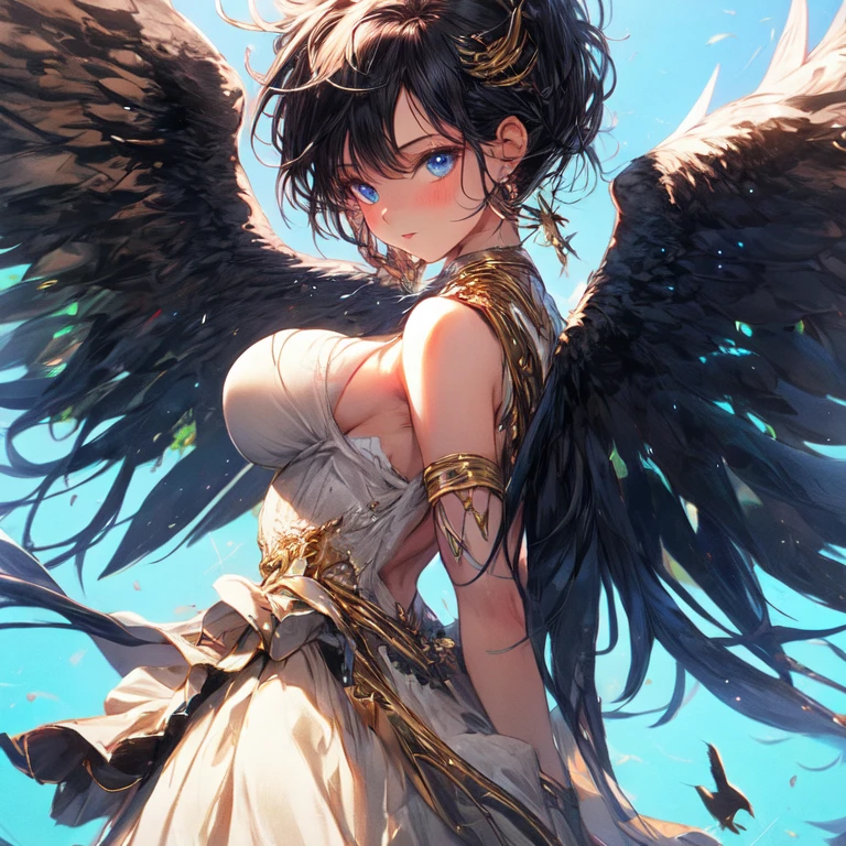 Beautiful girl with black hair and blue eyes and bird wings from the back with big breasts UHD, textured skin, super detail, high details, high quality,