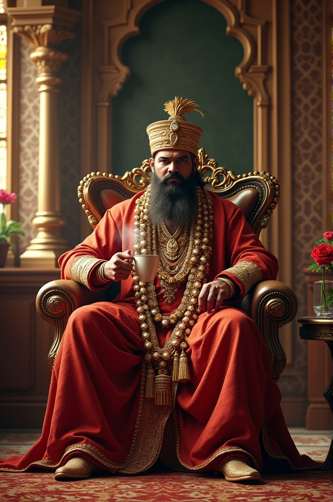 A Indian king with coffee in his hands sitting in a mansion