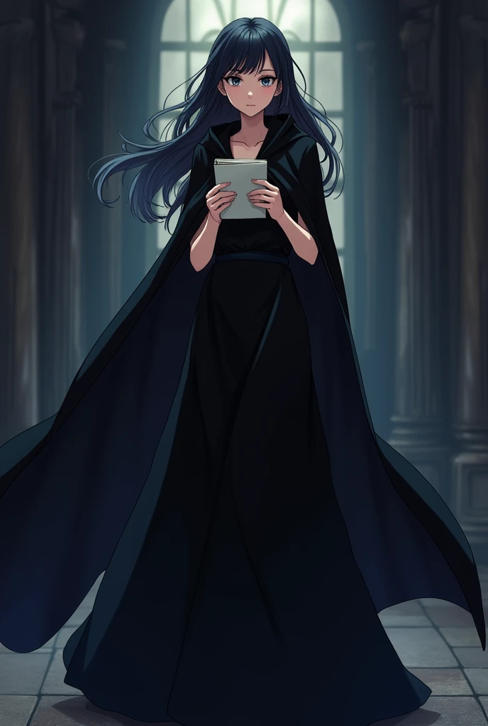 Create an anime style drawing of a woman wearing a long black dress and a cape, she is also holding a notepad