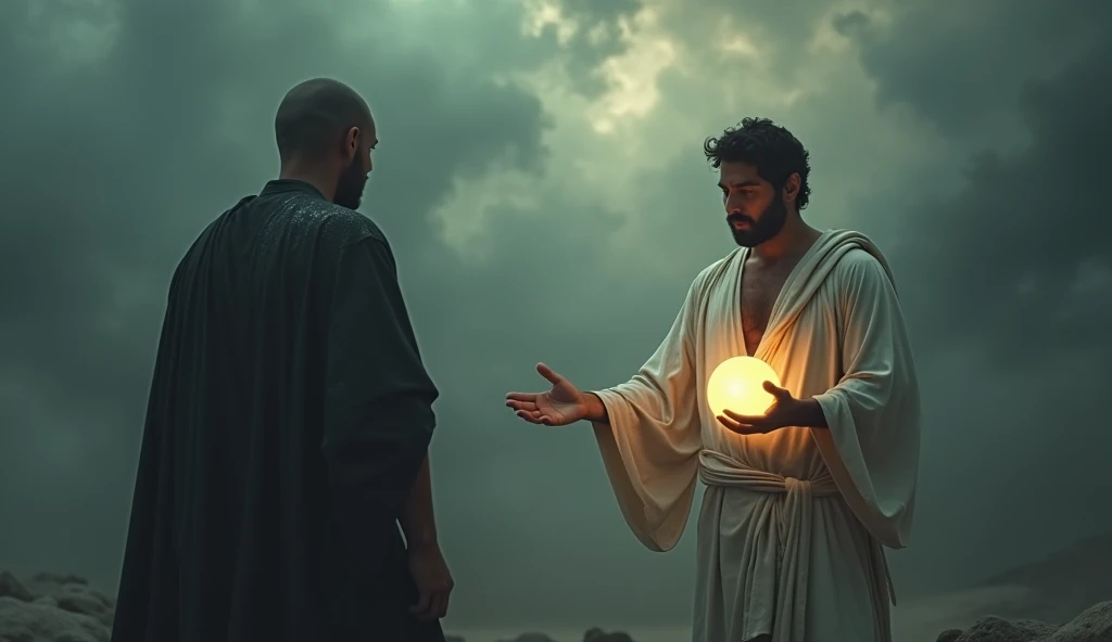 A male stoic philosopher stands in a surreal, abstract environment, holding a glowing, symbolic orb representing his personal power. He is wearing his classic tunics, slightly transparent, subtly revealing his shoulder and chest. His expression is conflicted as he extends the orb towards a dark, faceless figure, representing the act of blaming others. The background is swirling with dark clouds and shifting colors, symbolizing confusion and loss of control. Shot with a Canon EOS R5, Sigma 50mm f/1.4 DG HSM Art Lens, 135mm+ lens. Rendered in 8K resolution, cinematic detail, Octane render, capturing the metaphor of relinquishing control through blame.