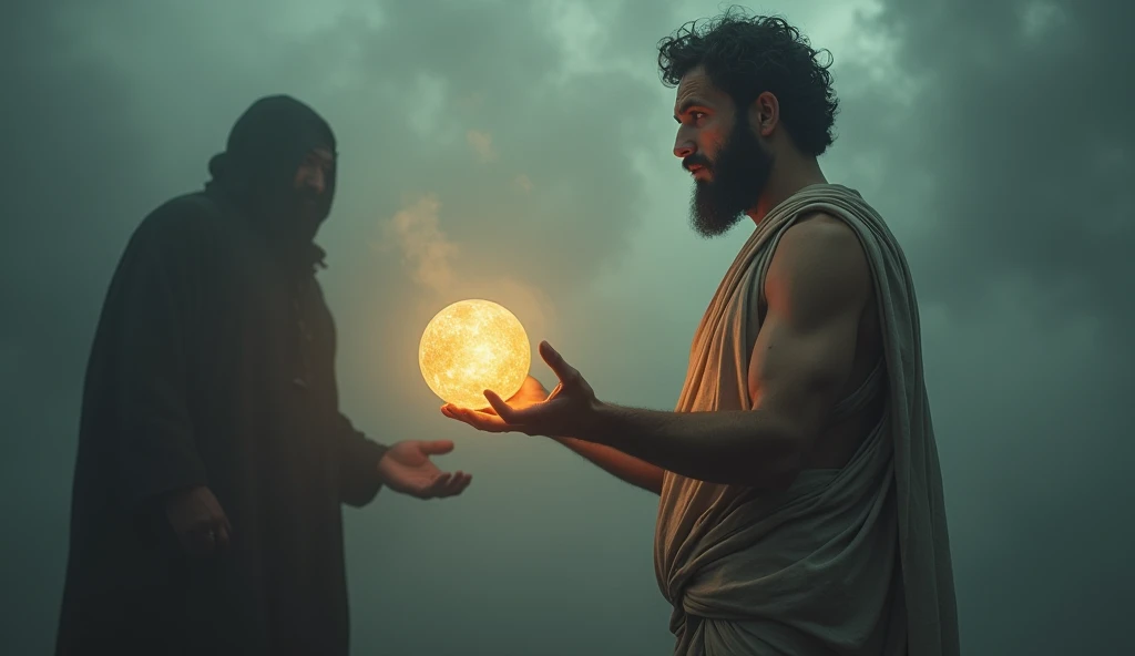 A male stoic philosopher stands in a surreal, abstract environment, holding a glowing, symbolic orb representing his personal power. He is wearing his classic tunics, slightly transparent, subtly revealing his shoulder and chest. His expression is conflicted as he extends the orb towards a dark, faceless figure, representing the act of blaming others. The background is swirling with dark clouds and shifting colors, symbolizing confusion and loss of control. Shot with a Canon EOS R5, Sigma 50mm f/1.4 DG HSM Art Lens, 135mm+ lens. Rendered in 8K resolution, cinematic detail, Octane render, capturing the metaphor of relinquishing control through blame.