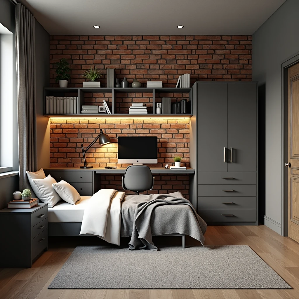 Small modern schoolboy room. Decorative wall in anthracite 19th century brick. Decorative wall of rustic board , single bed, homework desk, two-door wardrobe, bookcase, office chair, computer, monitor, school supplies.
Style: modern, photo-realism, minimalism.