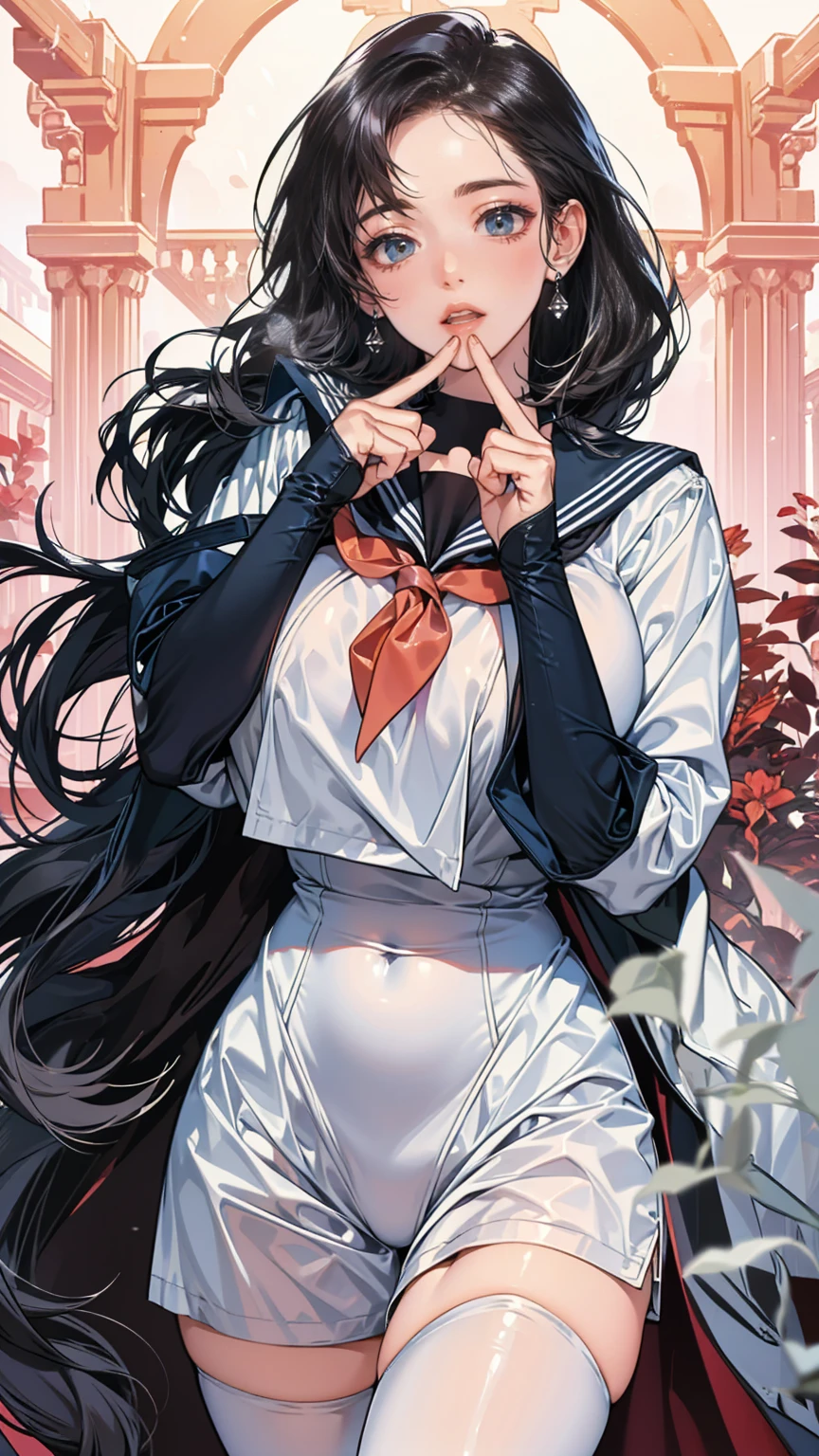 masterpiece, Highest quality, Ultra-high resolution,Sailor suitを着用、long hair、Black Hair、Very beautiful、Very large breasts、Big Breasts、Very sexy、Sexy pose、Full body view、Mouth open、Pink Rouge、,(Ideal body proportions:1.5),(Very beautifully detailed large eyes:1.5), (Embarrassing,blush:1.7),Beautiful detailed hair , Beautifully detailed face, Perfect feminine face, , (Dressed,Sailor suit:1.6),(Under the chest:1.7), (beautiful saggy breasts,Beautiful huge breasts:1.4), (Big cleavage:-0.0),(Open your mouth:1.6),art,(Sexy pose:1.5),(I want you,Gentle Love:1.6),(heavy breatheing,breathe,fog:1.7),光沢のあるSailor suit､The whole body is covered in oil and has a glossy look.,