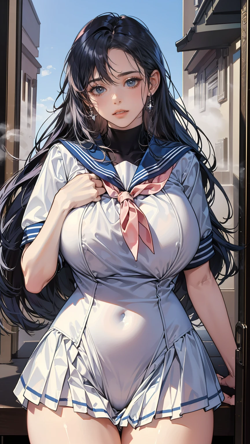 masterpiece, Highest quality, Ultra-high resolution,Sailor suitを着用、long hair、Black Hair、Very beautiful、Very large breasts、Big Breasts、Very sexy、Sexy pose、Full body view、Mouth open、Pink Rouge、,(Ideal body proportions:1.5),(Very beautifully detailed large eyes:1.5), (Embarrassing,blush:1.7),Beautiful detailed hair , Beautifully detailed face, Perfect feminine face, , (Dressed,Sailor suit:1.6),(Under the chest:1.7), (beautiful saggy breasts,Beautiful huge breasts:1.4), (Big cleavage:-0.0),(Open your mouth:1.6),art,(Sexy pose:1.5),(I want you,Gentle Love:1.6),(heavy breatheing,breathe,fog:1.7),光沢のあるSailor suit､The whole body is covered in oil and has a glossy look.,