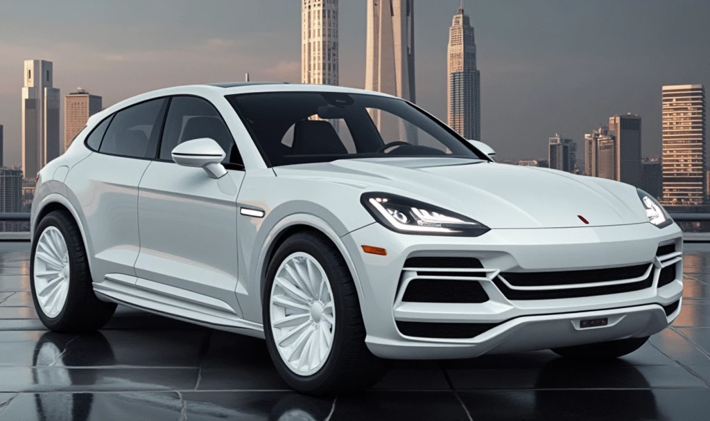luxury exotic sports car, white glossy car, hi-tech, sci-fi, high resolution, towering skyscrapers, concrete city background, car presentation, automotive wallpaper on desktop, realistic