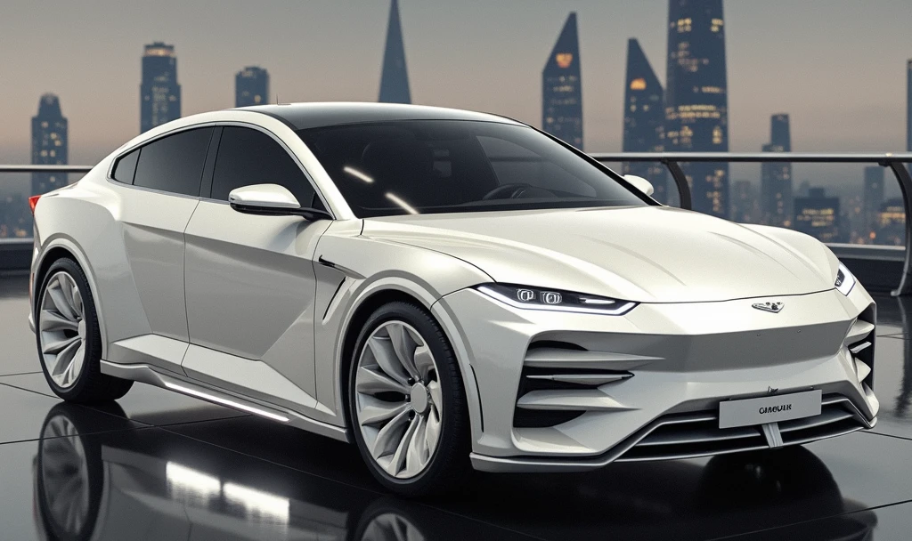 luxury exotic sports car, white glossy car, hi-tech, sci-fi, high resolution, towering skyscrapers, concrete city background, car presentation, automotive wallpaper on desktop, realistic