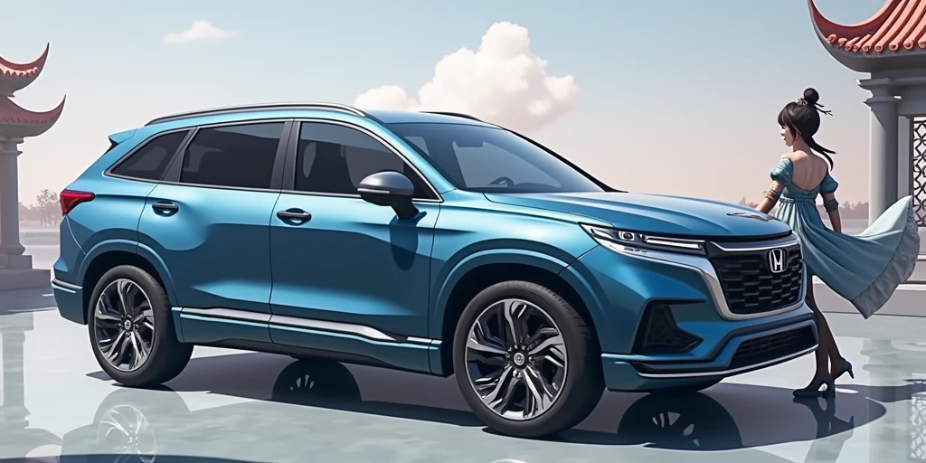 Combination《Black myth Goku》Game scene，Generate a GAC Honda model promotional video，The background should reflect Chinese style elements，画面人物包括Black myth Goku游戏中的人物形象，Character standing next to the car