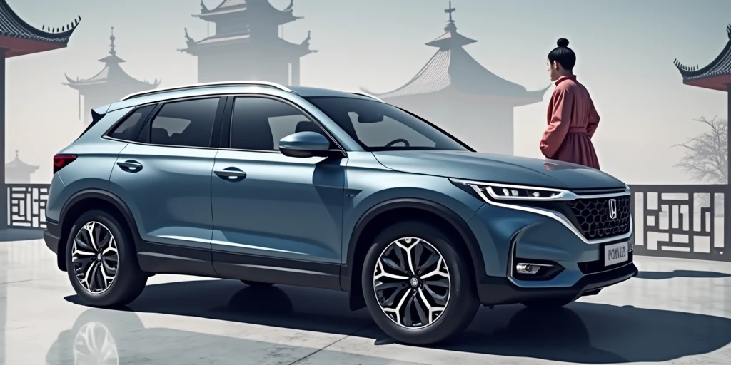 Combination《Black myth Goku》Game scene，Generate a GAC Honda model promotional video，The background should reflect Chinese style elements，画面人物包括Black myth Goku游戏中的人物形象，Character standing next to the car