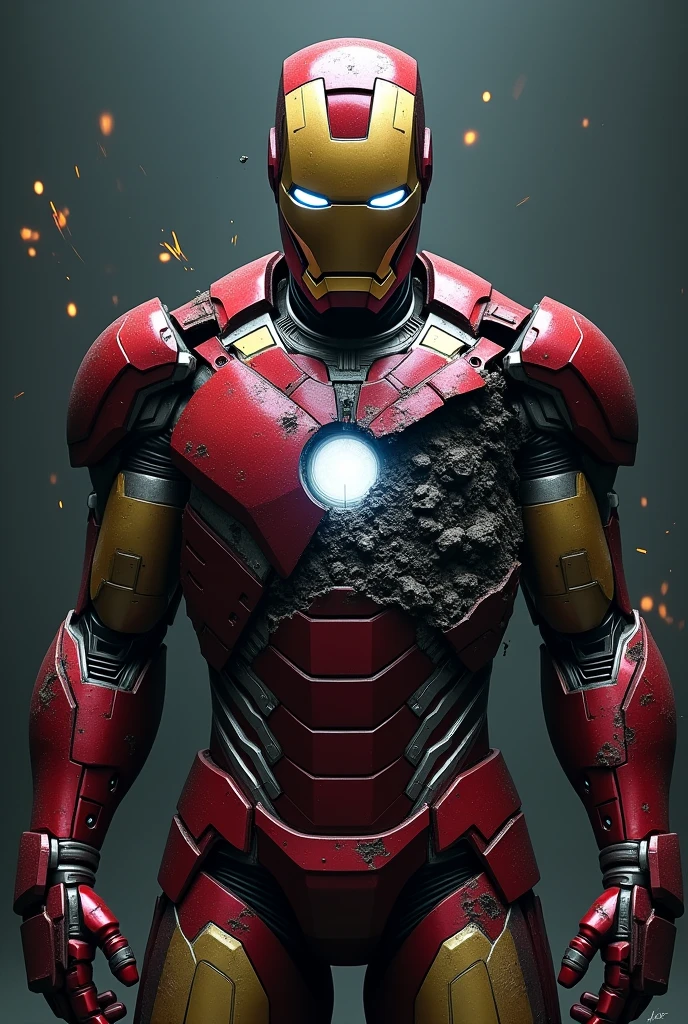 Iron man wallpaper 
half damaged halmet, spark from reactor, darkish background, medim lighting, full body suit, mark47