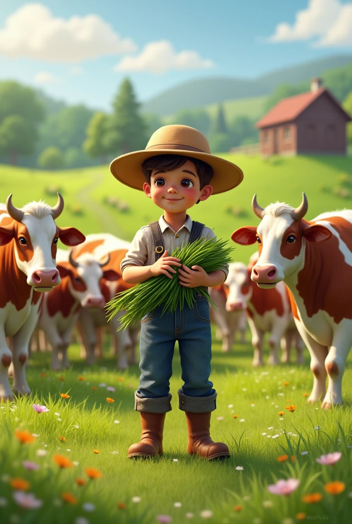 There are many cows in the pasture. A boy wearing a vintage farmer's uniform is holding grass and preparing to feed the cows.
