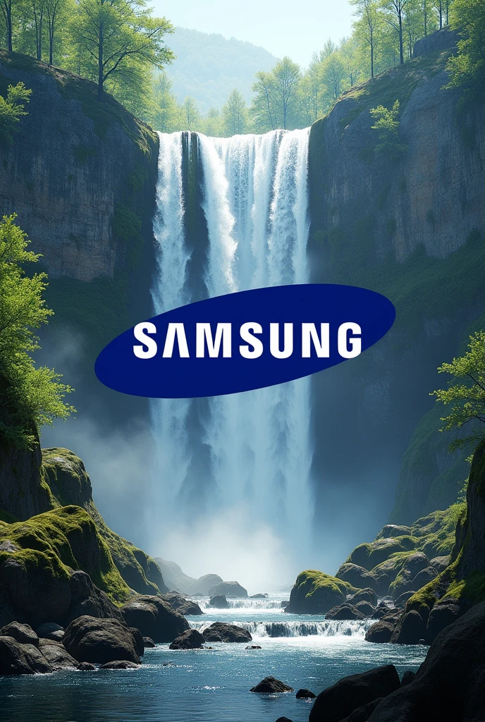 Samsung logo with waterfall background