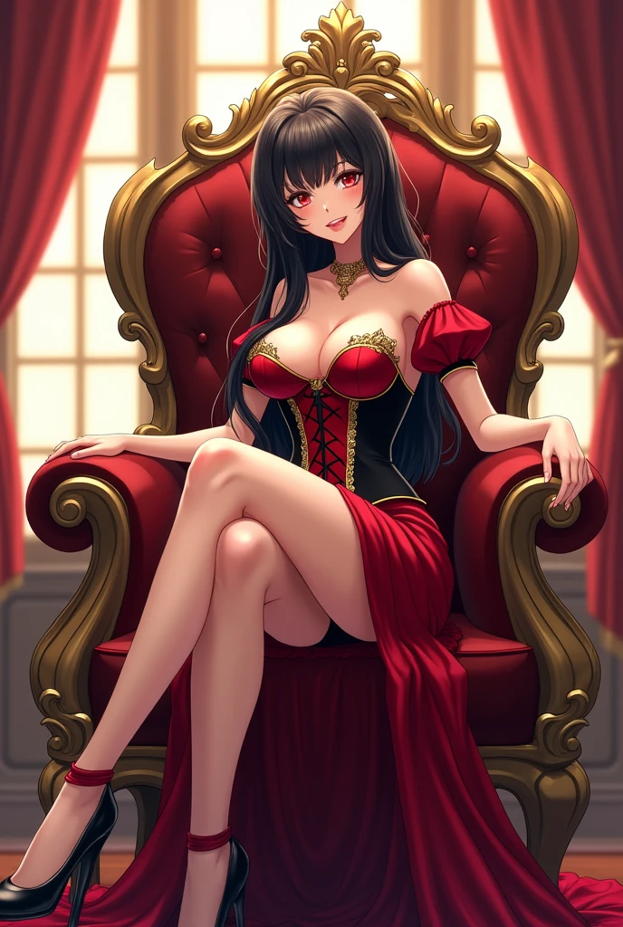 Create a highly detailed anime-style illustration of a beautiful and confident woman sitting elegantly on an ornate, dark red throne. The woman has long, flowing black hair that cascades over her shoulders. She is wearing a luxurious, form-fitting red and black corset dress with intricate golden accents. The dress has a low-cut neckline that highlights her ample cleavage, and her sleeves are short and puffy. The woman is seated with one leg crossed over the other, showing off her smooth, pale skin and shapely legs. She is wearing stylish black high-heeled shoes with red ankle straps. Her expression is calm and slightly seductive, with a confident smirk on her lips. The background features a grand room with large windows and heavy red curtains, allowing warm sunlight to stream in, creating a regal and slightly seductive atmosphere. The lighting should emphasize the richness of her attire and the luxuriousness of her surroundings.