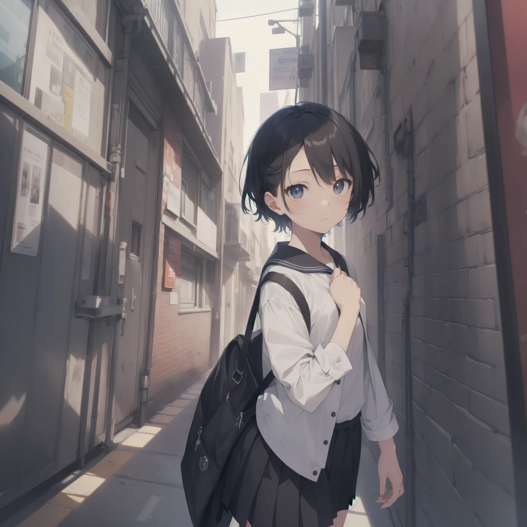 ultra-absurdres-Top quality by artist God, ultra-detailed, high resolution, anime moe artstyle, best anime 8k konachan wallpaper, pixiv contest winner, pool:2810, perfect anatomy,break, 1girl, (Please draw a girl walking sleepily to school alone. )break,(Solo,little female,15yo:1.3),Full limbs, ,a junior high school student, (very short hair), short cut, flat chest, , small butt, small black eyes, beautiful detailed eyes, well-proportioned iris and pupils, expressive eyes, highres detailed hair, soft expression, salor school_uniform, sailor collar, serahuku, bow, pleated skirt,(Detailed Lighting), (Detailed background), in the School commute route. break,super detailed skin, Best cinematic lighting powered by famous artist, 8k,beauty illustration,photoshop_(medium),very aesthetic,break,((artist:echo_(circa) )), artist:clamp ,artist:carnelian ,artist:kantoku ,