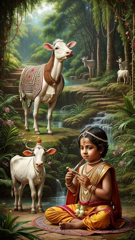 (photorealism:1.2),  10 years indian man, handsome , wearing yellow fancy dhoti, standing like indian god krishna,  fluet in hand with work of diamonds, zari ki pagdi on head with mor pankh, 
Kaamdhenu White Cow in background, realistic, light blue shade on full body, celebration ,  full image  HD, 