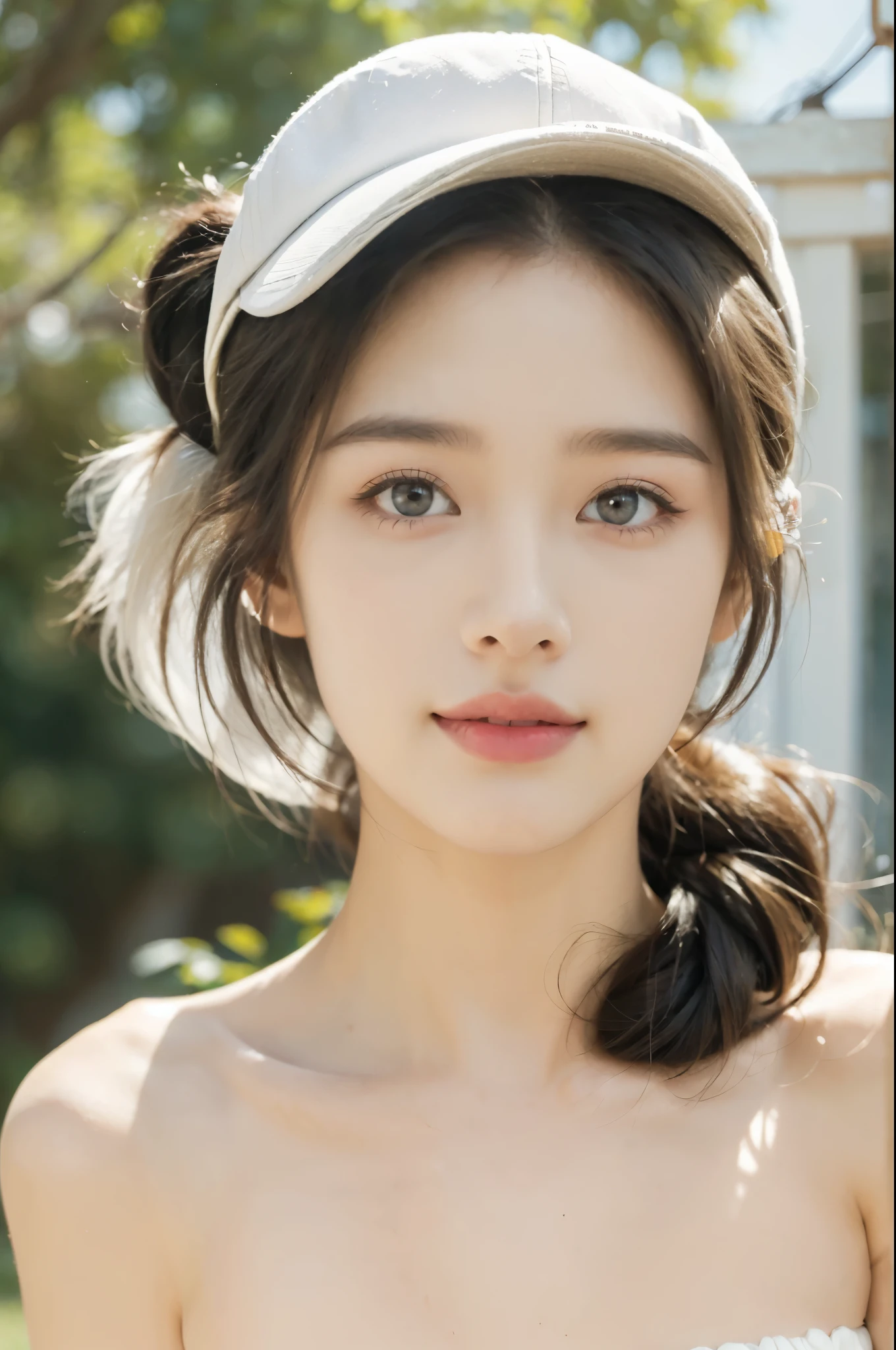 (((best quality))),(((ultra detailed))),(((masterpiece))),illustration,((1 beautiful girl,solo)),(white baseball cap:1.3),(short ponytail:1.2),((slim,thin,graceful)),((small breasts,flat chest)),(summer afternoon:1.3),(at the schoolgate:1.3),bustling,(strapless torn white bra:1.3),(bright sunlight:1.2),radiant,breezy,casual style,youthful vitality,delicate features,young people,students,chatting,laughing,vibrant energy,serene tranquility,vibrant rays of sun,captivating atmosphere,(surrounded by crowded crowds:1.3),((from front,close-up of face))