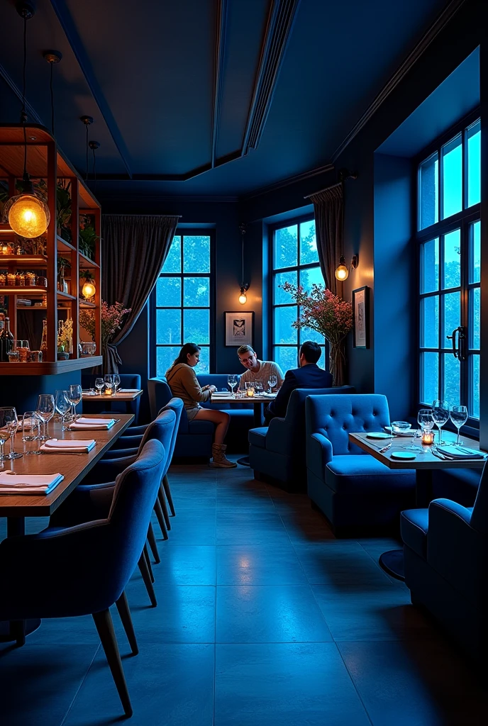 Restaurant in shades of blue, Photo, comfortable, dark atmosphere