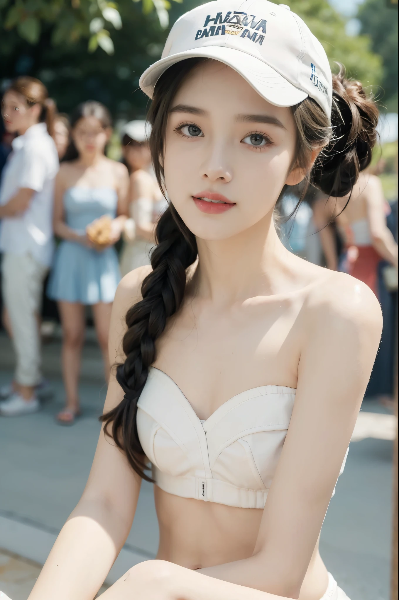 (((best quality))),(((ultra detailed))),(((masterpiece))),illustration,((1 beautiful girl,solo)),(white baseball cap:1.3),(short ponytail:1.2),((slim,thin,graceful)),((small breasts,flat chest)),(summer afternoon:1.3),(at the schoolgate:1.3),bustling,(strapless torn white bra:1.3),(bright sunlight:1.2),radiant,breezy,casual style,youthful vitality,delicate features,young people,students,chatting,laughing,vibrant energy,serene tranquility,vibrant rays of sun,captivating atmosphere,(surrounded by crowded crowds:1.3),((from front,close-up of face))