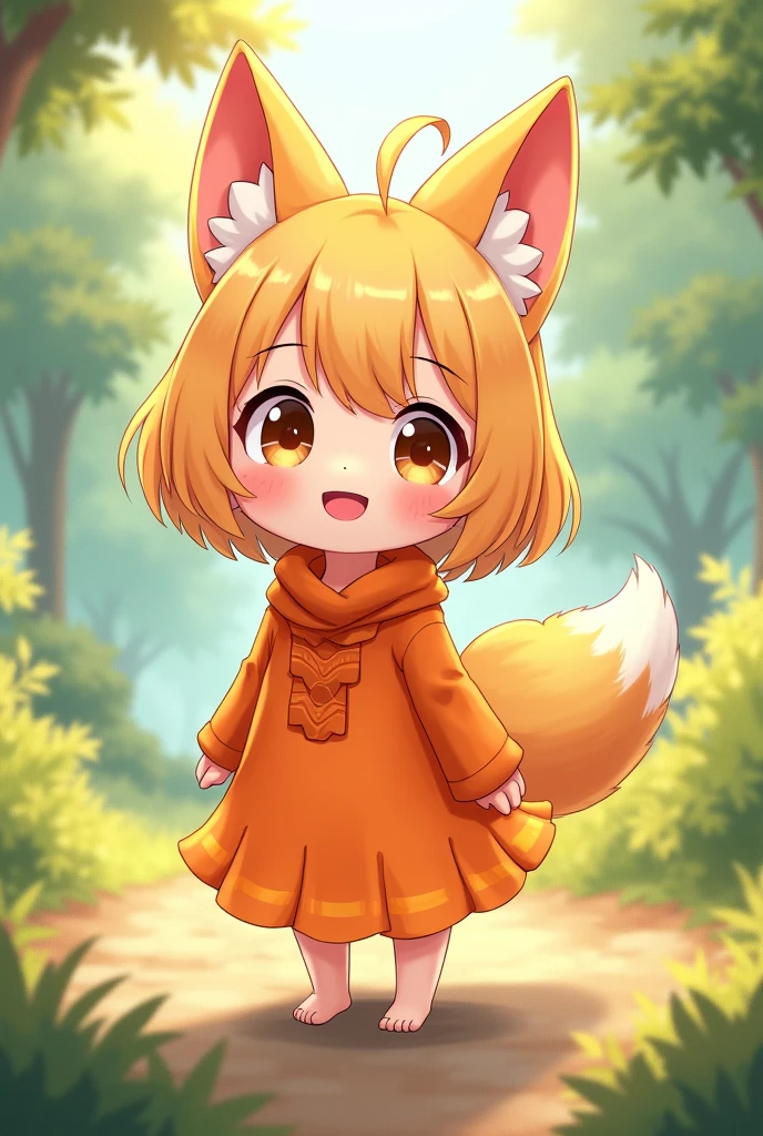 Cute anime girl have a fox ear wearing an orange outfit.