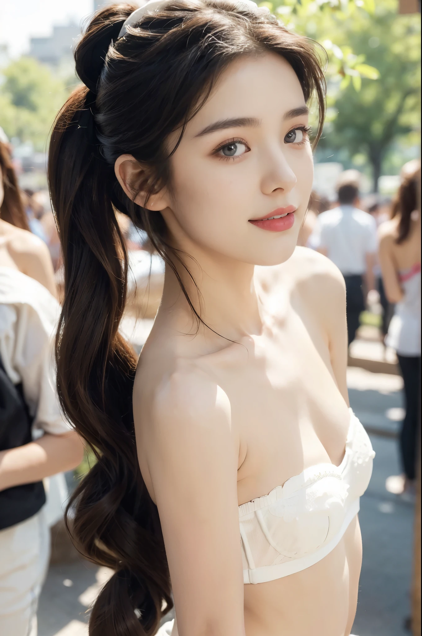 (((best quality))),(((ultra detailed))),(((masterpiece))),illustration,((1 beautiful girl,solo)),(white baseball cap:1.3),(short ponytail:1.2),((slim,thin,graceful)),((small breasts,flat chest)),(summer afternoon:1.3),(at the schoolgate:1.3),bustling,(strapless torn white bra:1.3),(bright sunlight:1.2),radiant,breezy,casual style,youthful vitality,delicate features,young people,students,chatting,laughing,vibrant energy,serene tranquility,vibrant rays of sun,captivating atmosphere,(surrounded by crowded crowds:1.3),((from front,close-up of face))