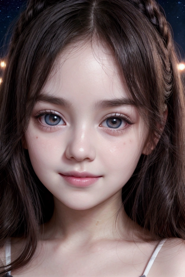 Dramatic light, close up face, big black eyes, stars in eyes, pretty girl, young, smile, pink juicy lips, pale white skin, rosy cheeks, wavy messy black hair, look innocent and beautiful, stars at night