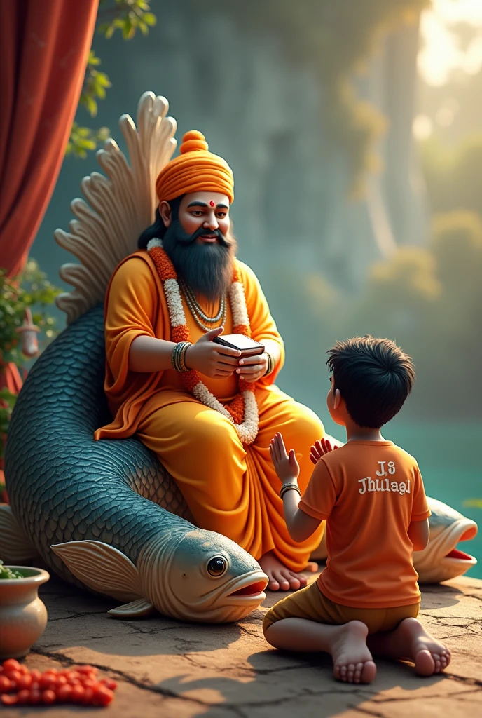 create a 3D realistic picture "A boy is worshiping Jhulelal bhagwan and Jhulelal bhagwan is Seated on a large, majestic fish,and iHe is holding a book in one hand and has a serene, benevolent expression. and "chirag" is written on the boy's t-shirts and the boy is worshiping and in the background "Jai jhulelal" is written in bold font clearly, make sure everything should be correct