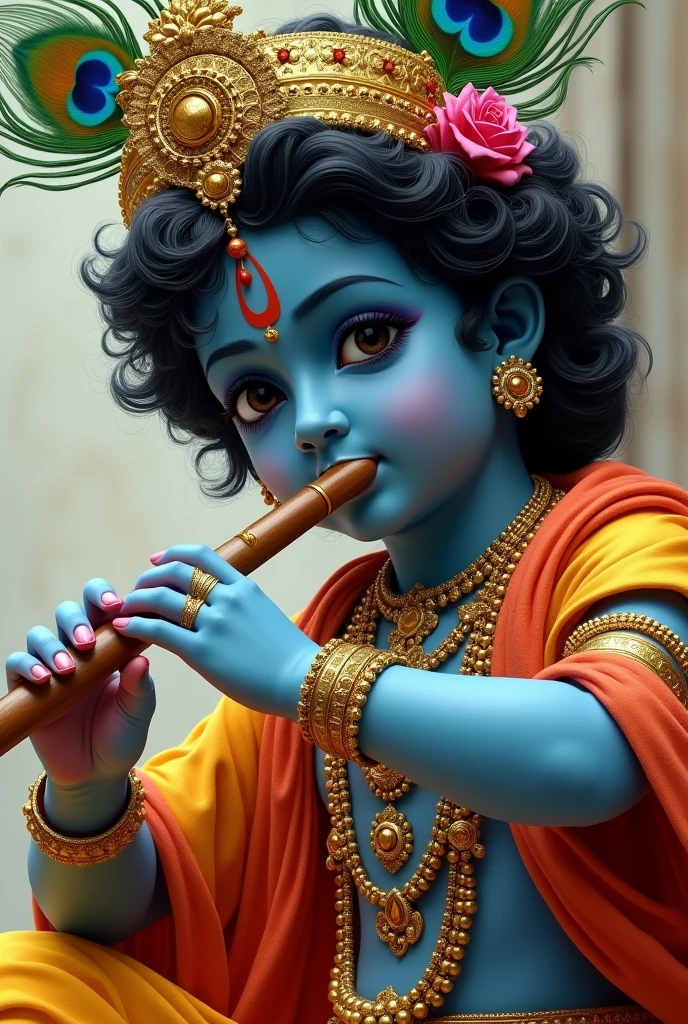 Lord Krishna playing flute close up shot
