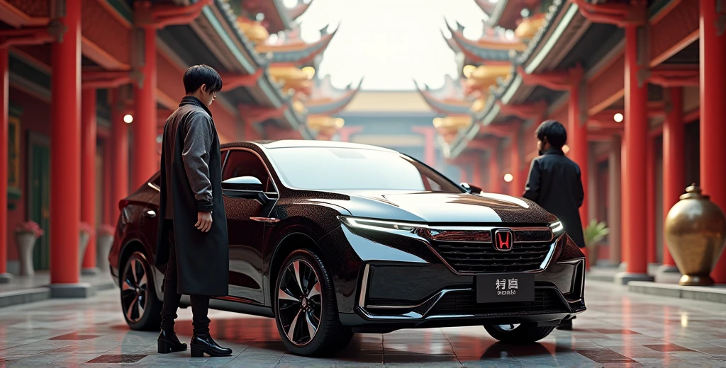 Combination《Black myth Goku》Game scene,Generate a GAC Honda model promotional video,The background should reflect Chinese style elements,画面人物包括Black myth Goku游戏中的人物形象,Character standing next to the car