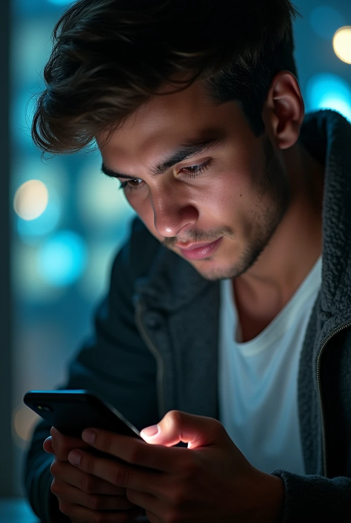 Man messaging a girl using smartphone "I love you NEB Updats" . show clear picture of social media & that boy. Also, show Message of "I love you NEB Updates" clearly in smartphone.