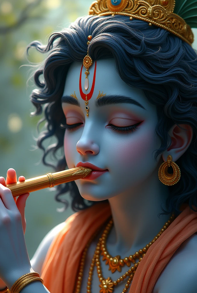 Shri krishna playing flute, with beautiful devine face, face closeview, fantasyreal