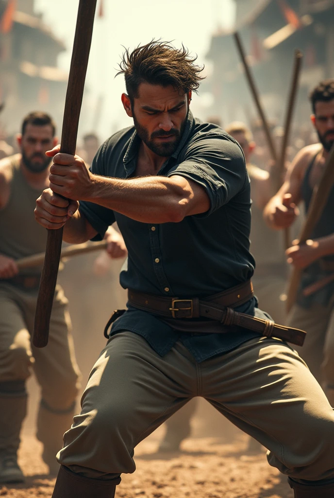 A dynamic and intense action scene featuring a rugged, determined 2 square face shape men with clean shave in the midst of a battle. He is gripping a long staff with both hands, fiercely defending himself against multiple attackers. The scene is set in a crowded marketplace, with blurred figures of opponents wielding weapons surrounding him. The man has messy hair, a dark shirt, and light-colored pants, exuding raw energy and strength. The background shows a chaotic atmosphere with a crowd in the distance, adding to the tension of the moment.
