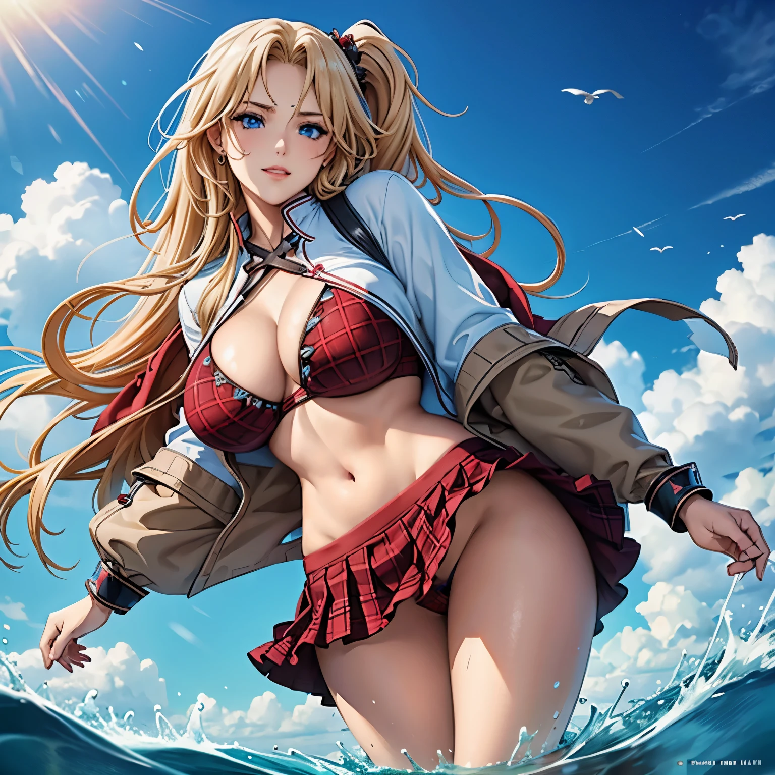 ((best quality)), ((masterpiece)), (detailed), perfect anatomy, highly detailed hands, highly detailed human ears, highly detailed face, highly detailed eyes, highly detailed nose, highly detailed mouth, highly detailed hair, highly detailed skin,a 1 girl,long straight blond hair,sky-blue eyes,athletic,self-confident smile,a single red rose as an hair ornament,coral color lipstick(Raw photo:1.2), (Photorealistic), Beautiful detailed girl, Very detailed eyes and face, Beautiful detailed eyes, Huge file size, High resolution, Very detailed, Best Quality, [masterpiece:1.6], Illustration, Very detailed, Fine detail, Best Quality, 32K Wallpaper, intricate details, long hair, side ponytail, hair ornament, 1girl, solo, midriff, cleavage, bikini bra, pleated skirt, ultra miniskirt, micro mini skirt, plaid skirt, beach, looking at viewer, exposed thighs, exposed large cleavage, full wet body view, very very short skirt, exposed panties, skirt blown up by wind, playing in water.
