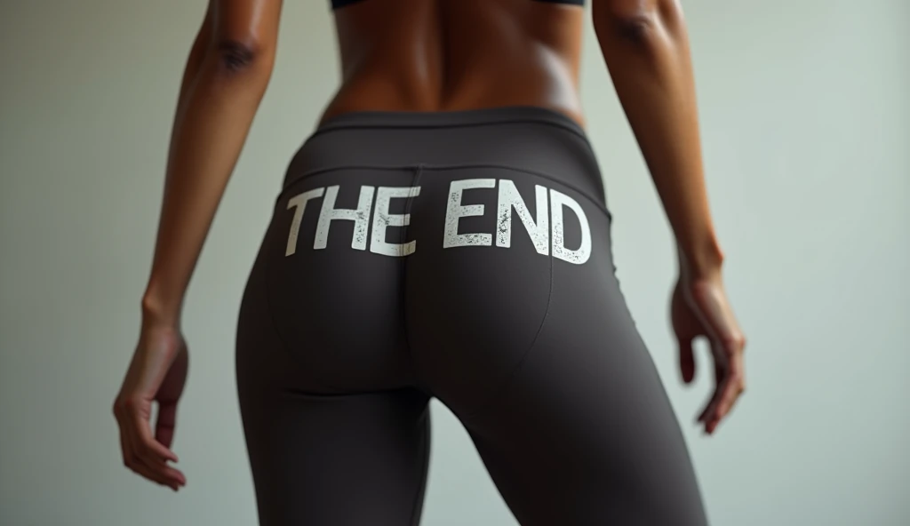 (best quality,4k,8k,highres,masterpiece), ultra-detailed,(realistic, photorealistic, photo-realistic) (The End), capital letters, a shapely rear view of a female wearing tight leggings, she has The End printed on her butt cheeks,