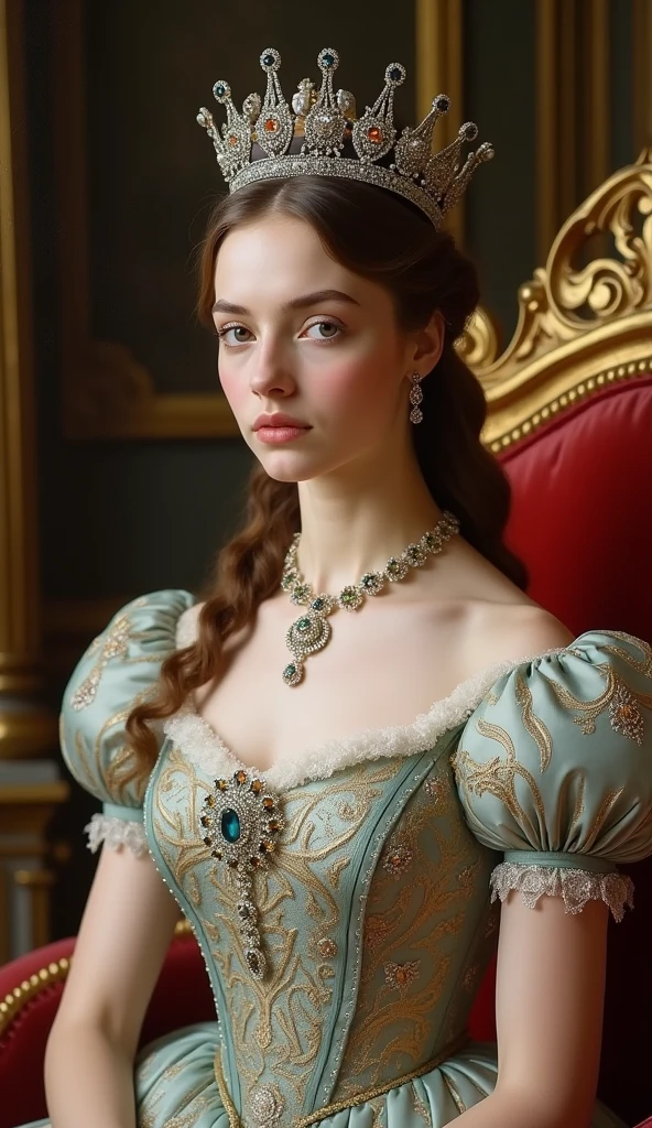 A very beautiful and young Queen Victoria, British Empire, Formal wear, crown, Sitting on the throne