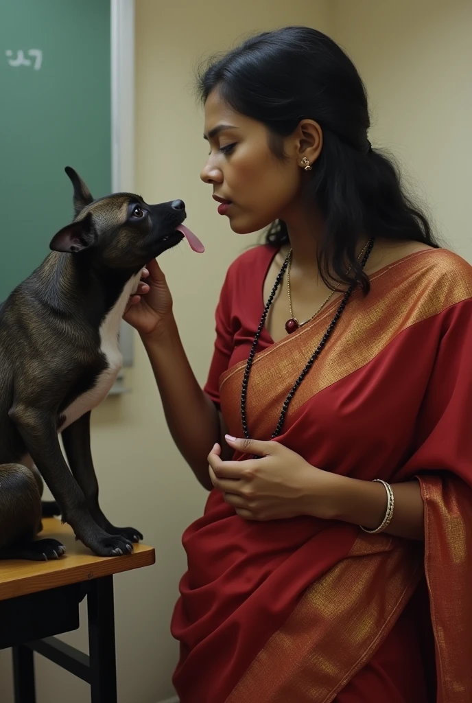 A school mam in saree giving her ????? to taste to a student in her class