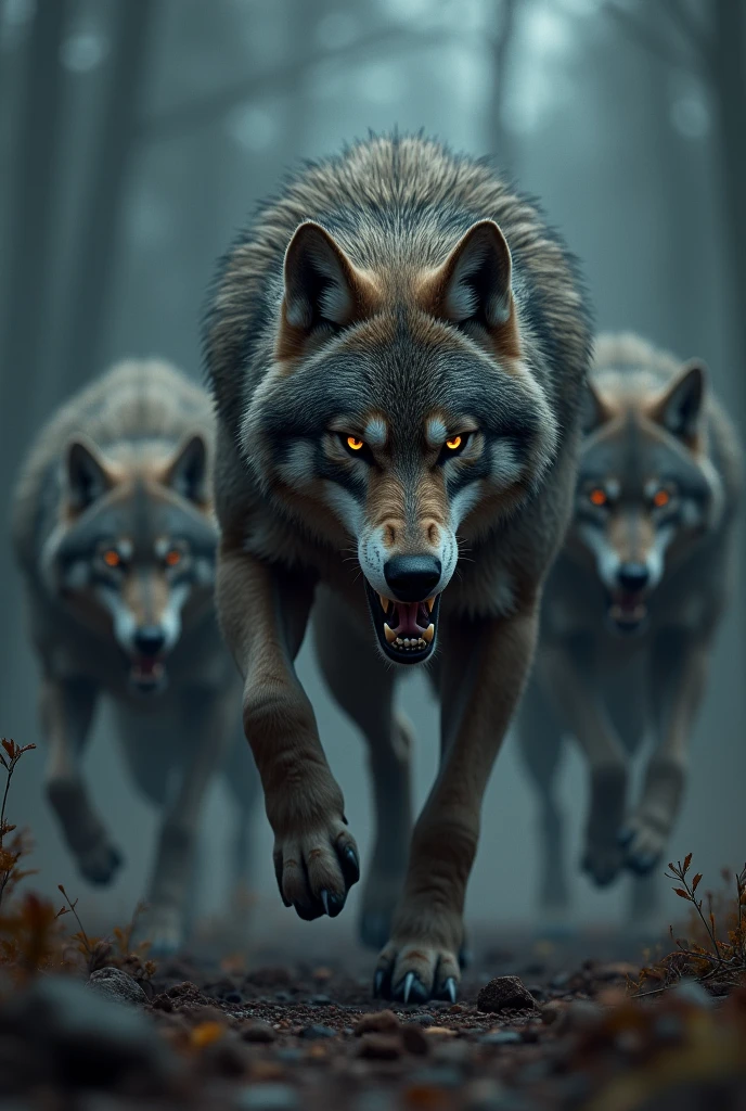 Dangerous wolfs with badass face with angry scary dark