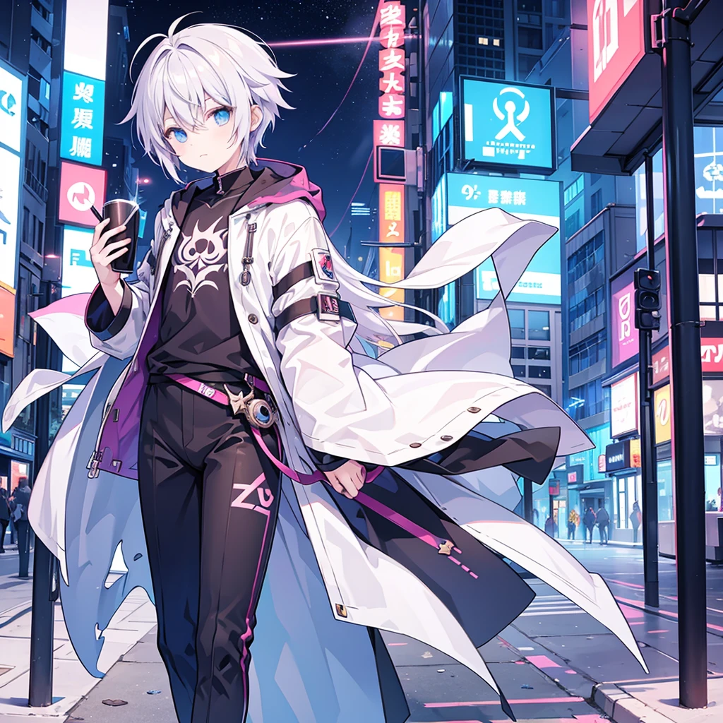 anime boy wearing aesthetic outfit, with text "Chronus" on his clothes, in city lights back ground
