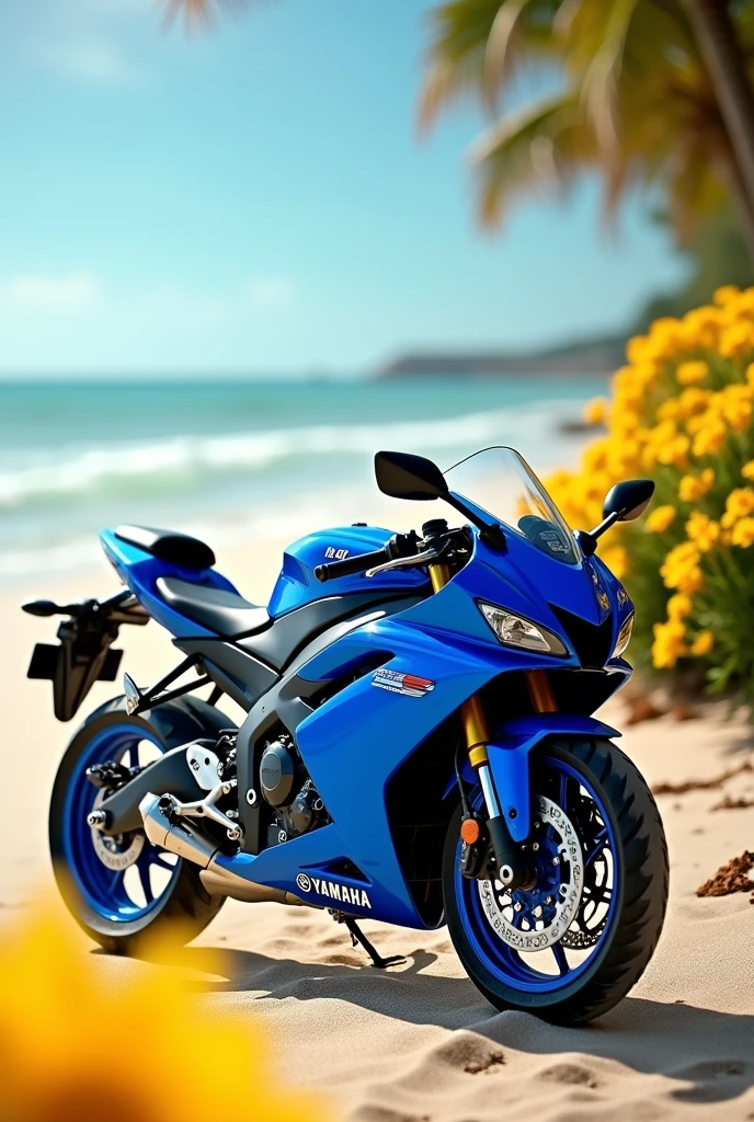 Yamaha bike in beach with blue colour with
Yellow flowers in background