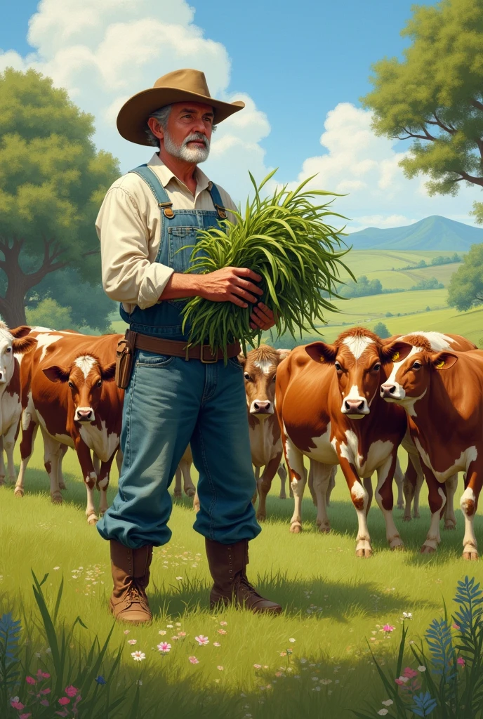 There are many cows in the pasture. A man in vintage farmer&#39;s clothing is holding grass and preparing to feed the cows.
