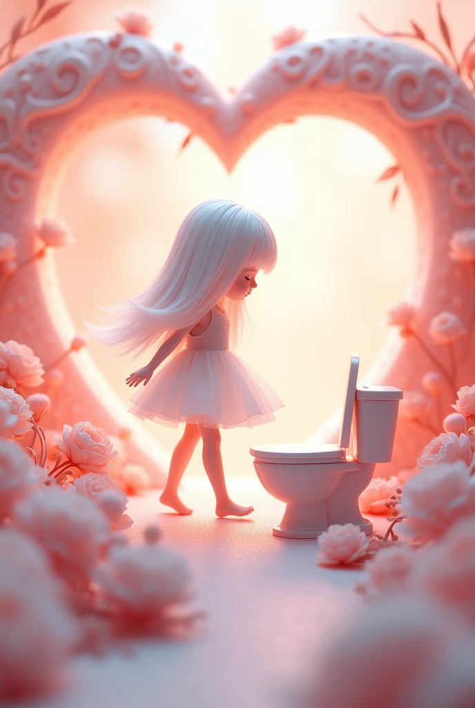 Porcelain girl with white hair and short white dress is walking around the mini smart toilet in a romantic pink heart scene