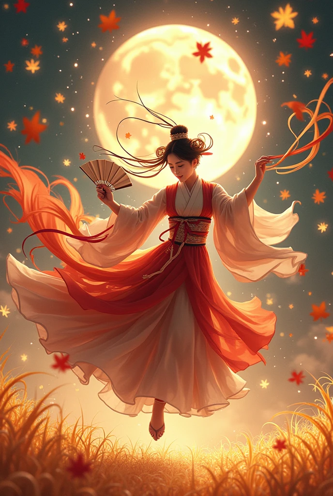Super realistic, Digital Artwork. Super detailed. A Epic dance that vividly expresses chaos and abundance. A dance of dynamic and complex movements. Princess Tatsuta, the Japanese goddess of autumn, performs an intricate dance in the air with a folding fan in a shrine maiden costume amid a whirling storm. Acrobatic position with one leg up and looking at the viewer with Gently smile. A great many thin, colorful strips extend from the fan and the sleeve of the costume. In the rotating storm, numerous butterfly elements and numerous maple leaf elements fill the screen in complex patterns accompanied by sparkling light particles. The top of the screen displays the moon and countless large and small stars. Golden ears of rice spread out like a carpet at the bottom of the screen. A bold color palette based on orange, brown and madder. Motion bokeh effect, hyper Realistic, Cinematic Lighting