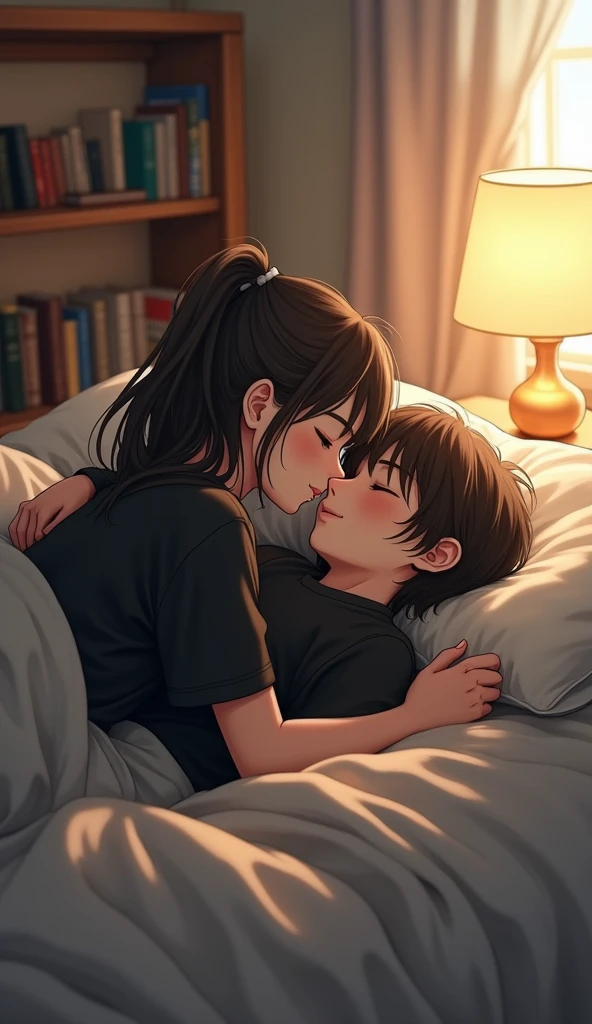 Here’s a more detailed prompt for your scene:
---
In a softly illuminated bedroom, a 2 boy and a girl, both dressed in matching black shirts, share an intimate moment that exudes warmth and affection. The girl lies comfortably on the neatly made bed, her hair cascading around her head like a soft halo, her black shirt slightly creased from her relaxed posture. She holds the boy close to her, one arm wrapped securely around him, her fingers gently brushing through his hair.
The boy, nestled into her embrace, rests his head against her chest, his eyes softly closed as he takes in the steady rhythm of her breathing. His black shirt clings to his frame, and the soft light from the nearby bedside lamp casts a gentle, golden hue over their bodies, highlighting the serene expressions on their faces. The air between them feels charged with quiet understanding, the world outside fading into insignificance as they find solace in each other’s presence.
The room itself is simple but comforting—white sheets neatly tucked under them, a few scattered books on the bedside table, and dim curtains swaying gently as a breeze whispers through a slightly cracked window. The soft hum of the night outside enhances the stillness inside, wrapping the couple in a cocoon of intimacy, where words are unnecessary, and only the warmth of their embrace speaks volumes.