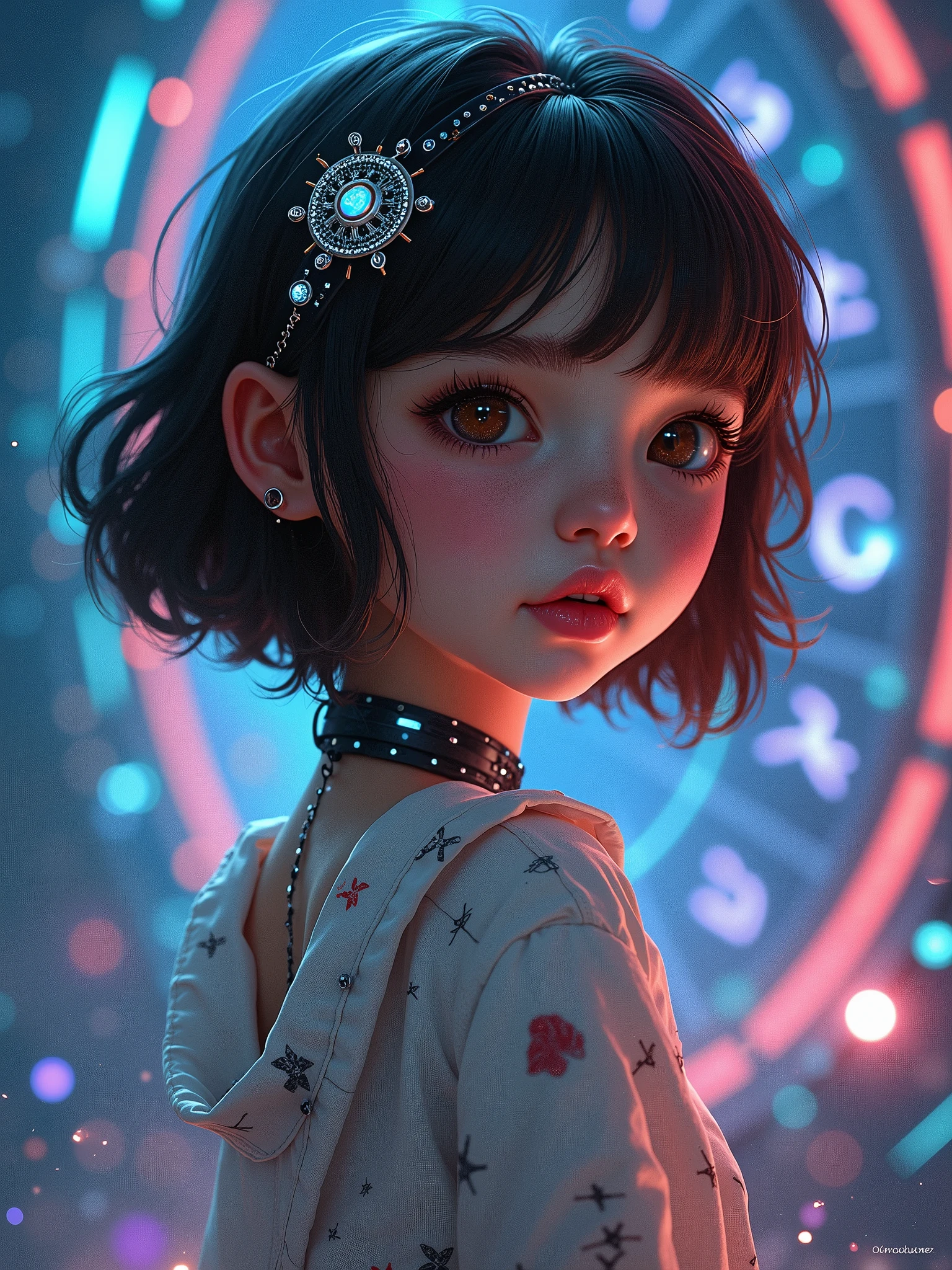 A pretty girl, 2, wearing beautiful fashionable casual clothes, short brown hair, pretty eyes, pretty lips, sparkling jewelries, half robot, night version , fantasy, vibrant colors, futuristic, some runes